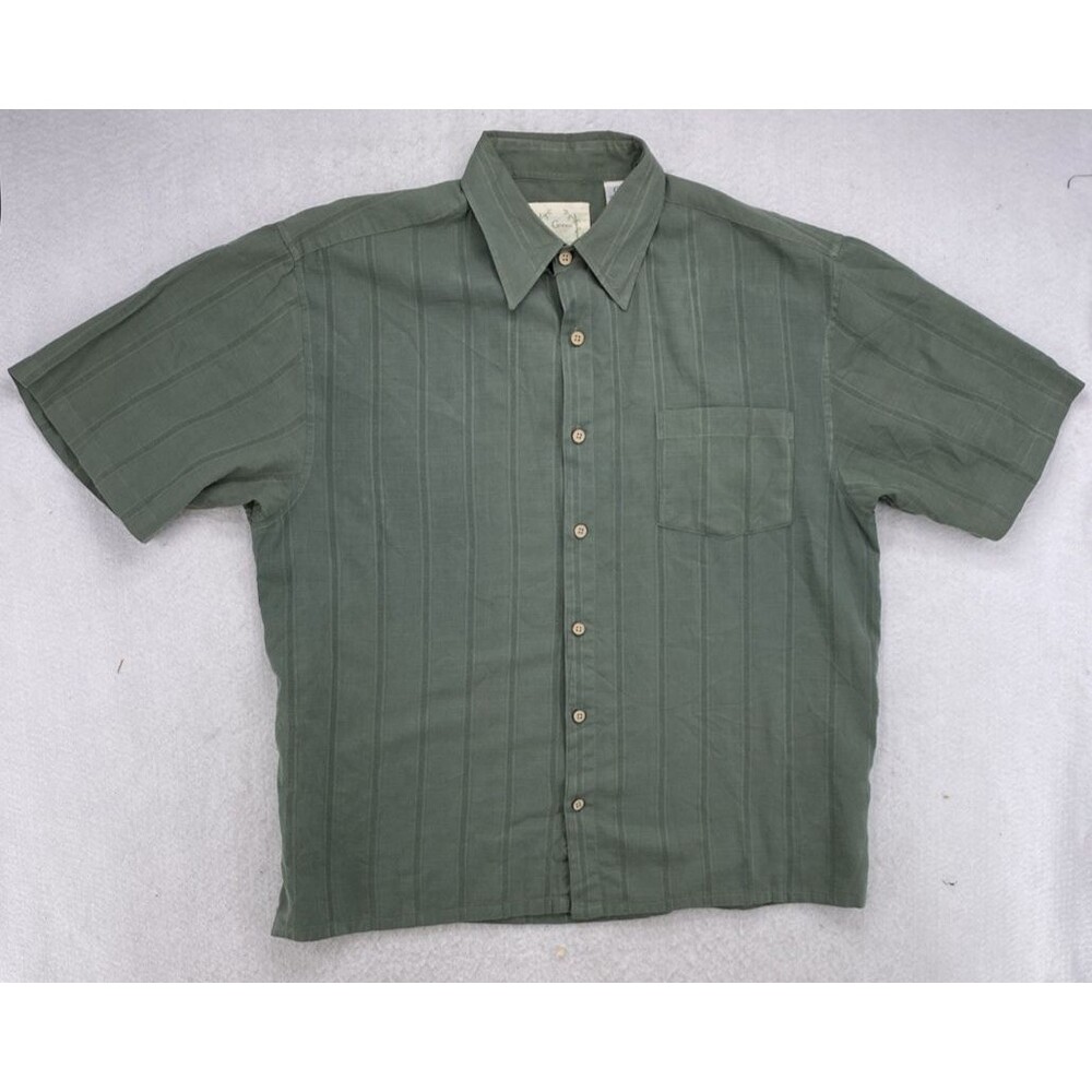 Men's L Green Bamboo Green Striped Button Up Shirt 70% Bamboo Blend Casual
